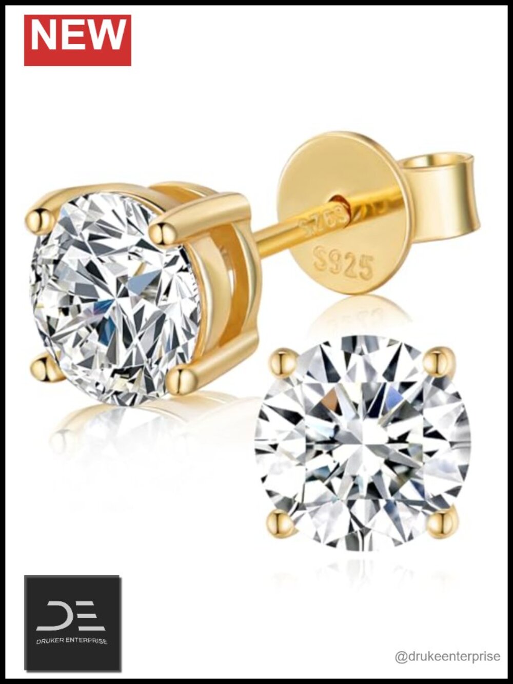 Moissanite Stud Earrings 925 Sterling Silver 6ct Gold Plated Women Men